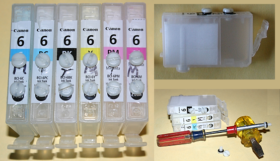 picture of Canon BCI-6 cartridges sealed with nylon screws and rubber o-rings