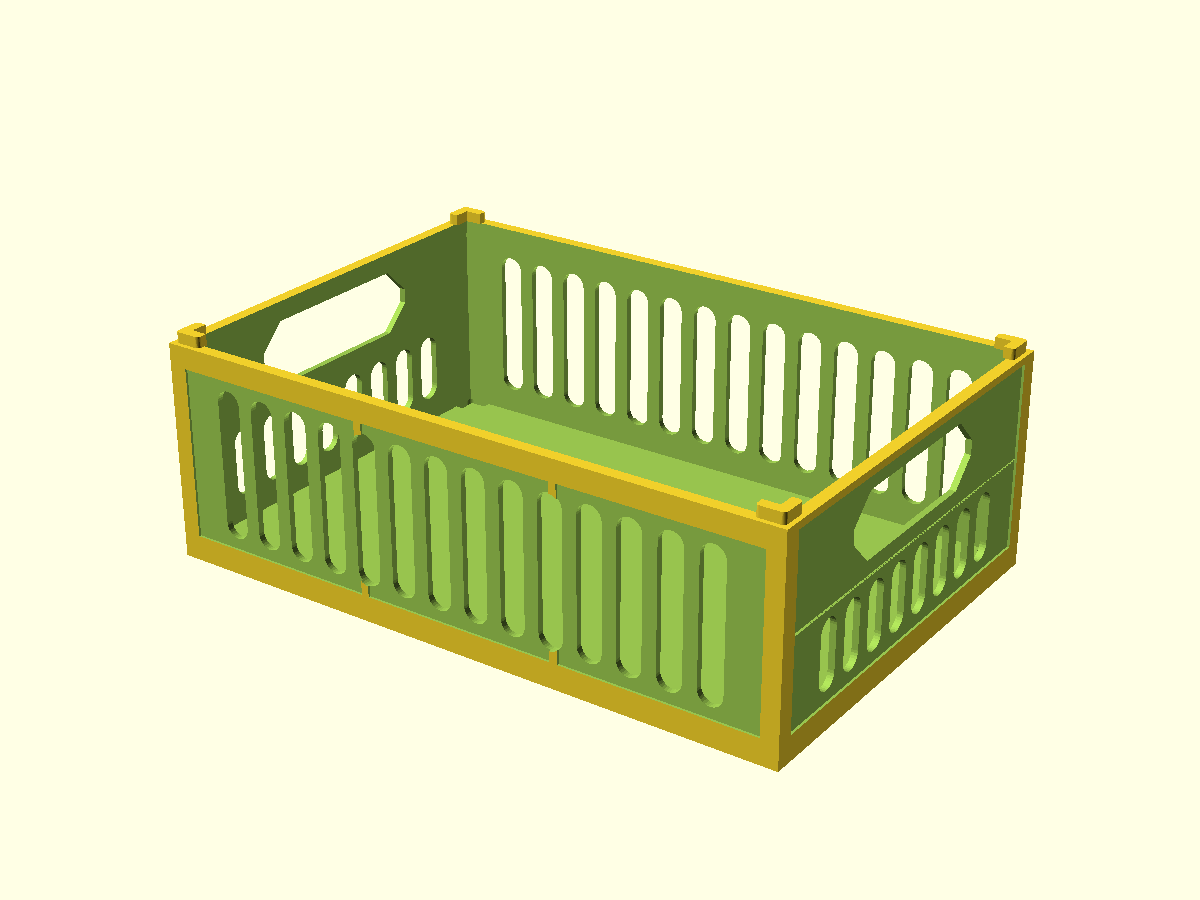 Rendered one-piece parametric stackable crate with vented sides and stacking keys